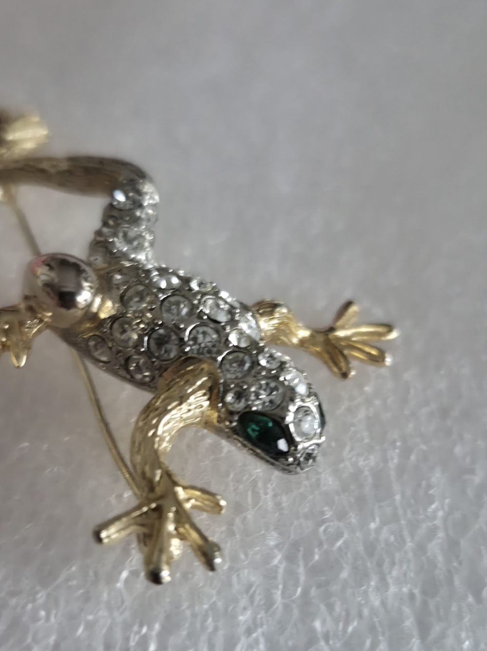 VTG Gold and Silver Crystal Frog Brooch with Vivid Green Eyes. Rare Find